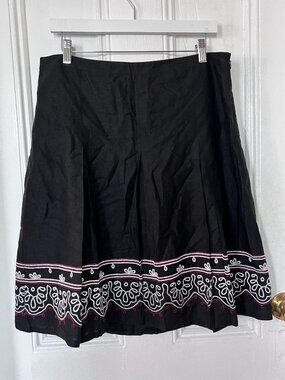 Ann Taylor LOFT Black Embroidered A-Line Midi Flowy Skirt 10 Boho Cottage